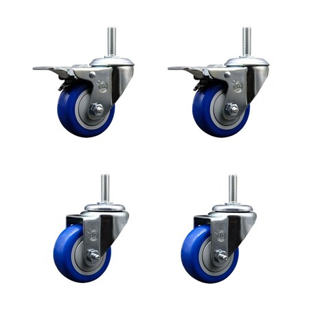 Service Caster 3 Inch Blue Polyurethane Swivel 58 Inch Threaded Stem Caster Set 2 Total Lock Brakes SCC-TSTTL20S314-PPUB-BLUE-58212-2-S2